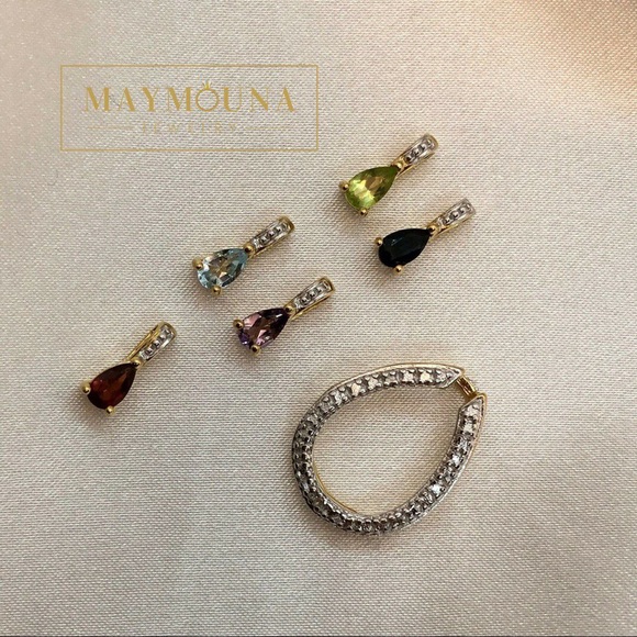 14k Yellow Gold 5 Gemstone Tear Drop Necklace - Picture 4 of 10